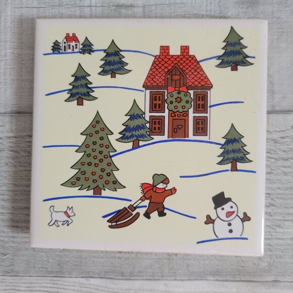 Vintage San Ho Ceramic Winter Scene Tile With Rubber Feet - Picture 1 of 4